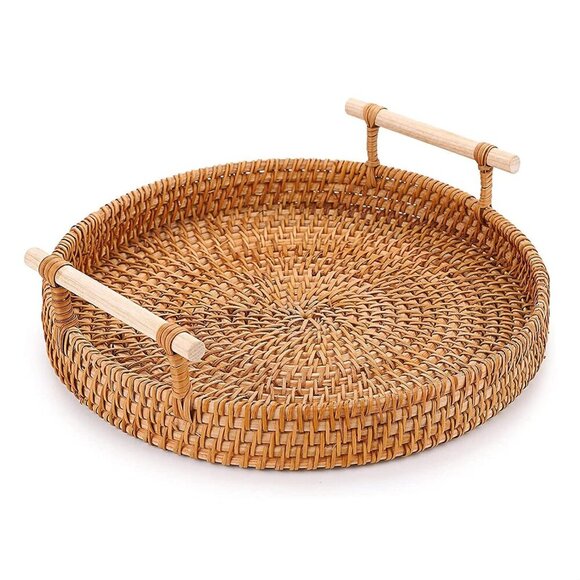 Rattan Tray 8.7-Inch Round Serving Tray Decorative Trays for Coffee Table Decora - Picture 1 of 7